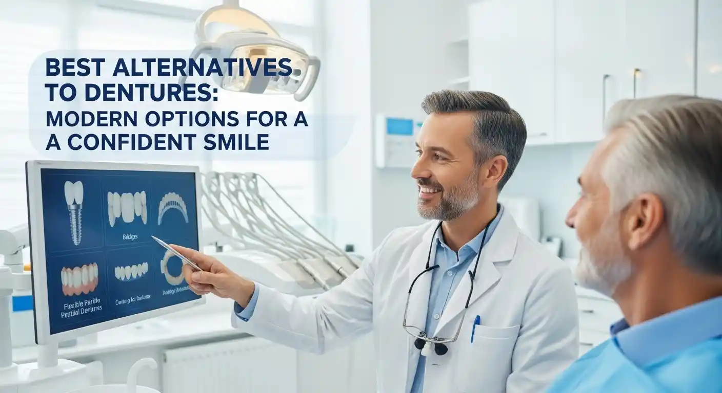 Friendly dentist showing a patient modern denture alternatives, including dental implants, bridges, and flexible partials, in a bright, modern dental clinic.