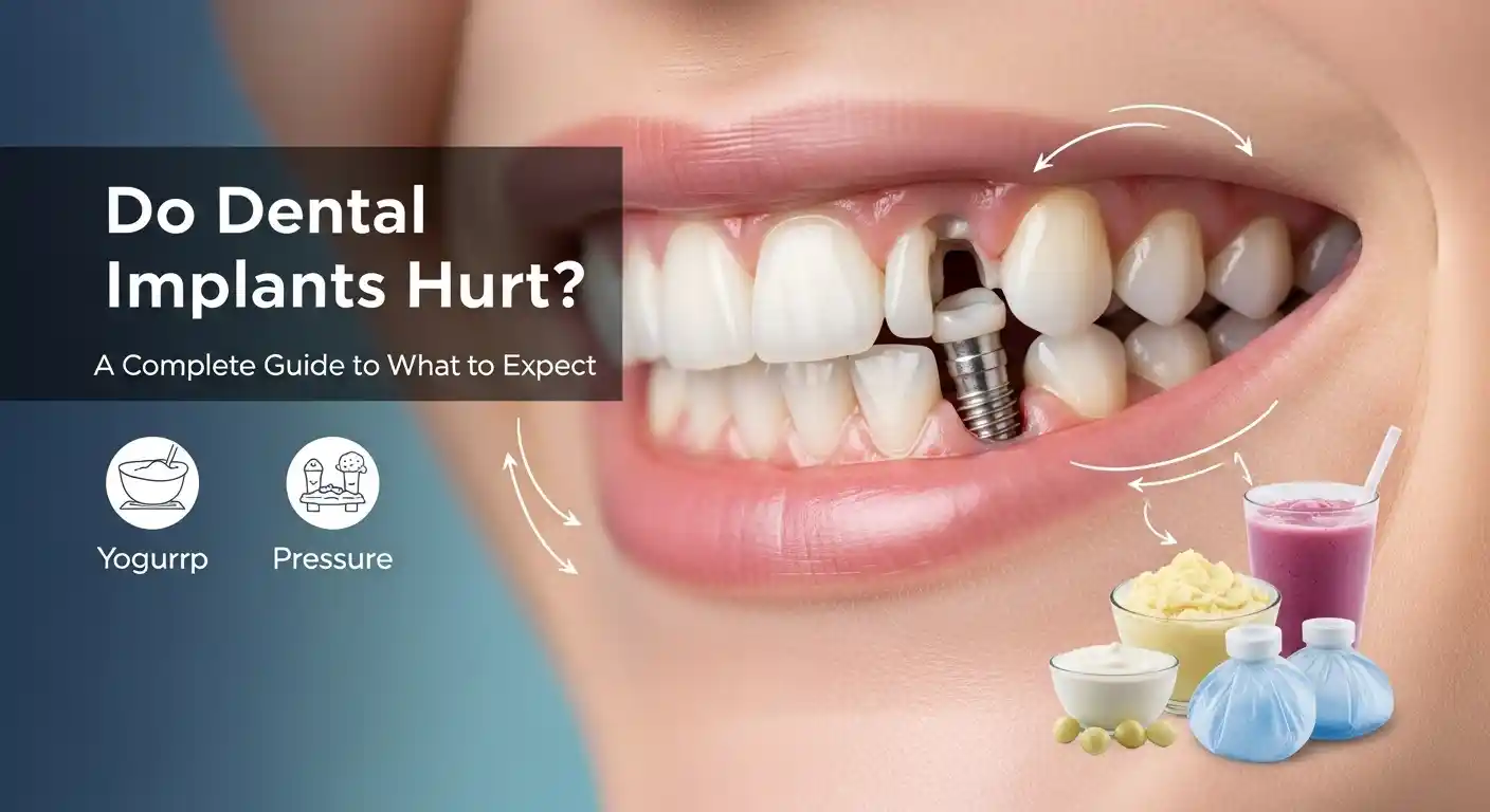 Close-up of a human smile showing a dental implant with a titanium post and crown, gentle healing of gums, subtle recovery elements like soft foods and ice pack, bright and calming dental clinic background.