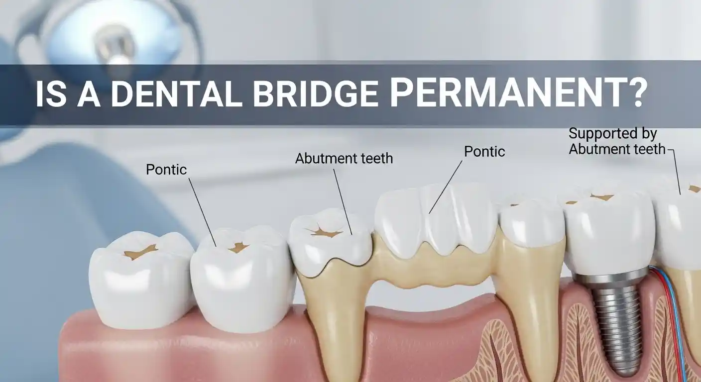 Cross-section illustration of a human mouth showing a dental bridge supported by adjacent teeth and implants, with labeled pontic and abutment teeth, displayed in a professional clinical setting with the prominent heading 'Is a Dental Bridge Permanent?