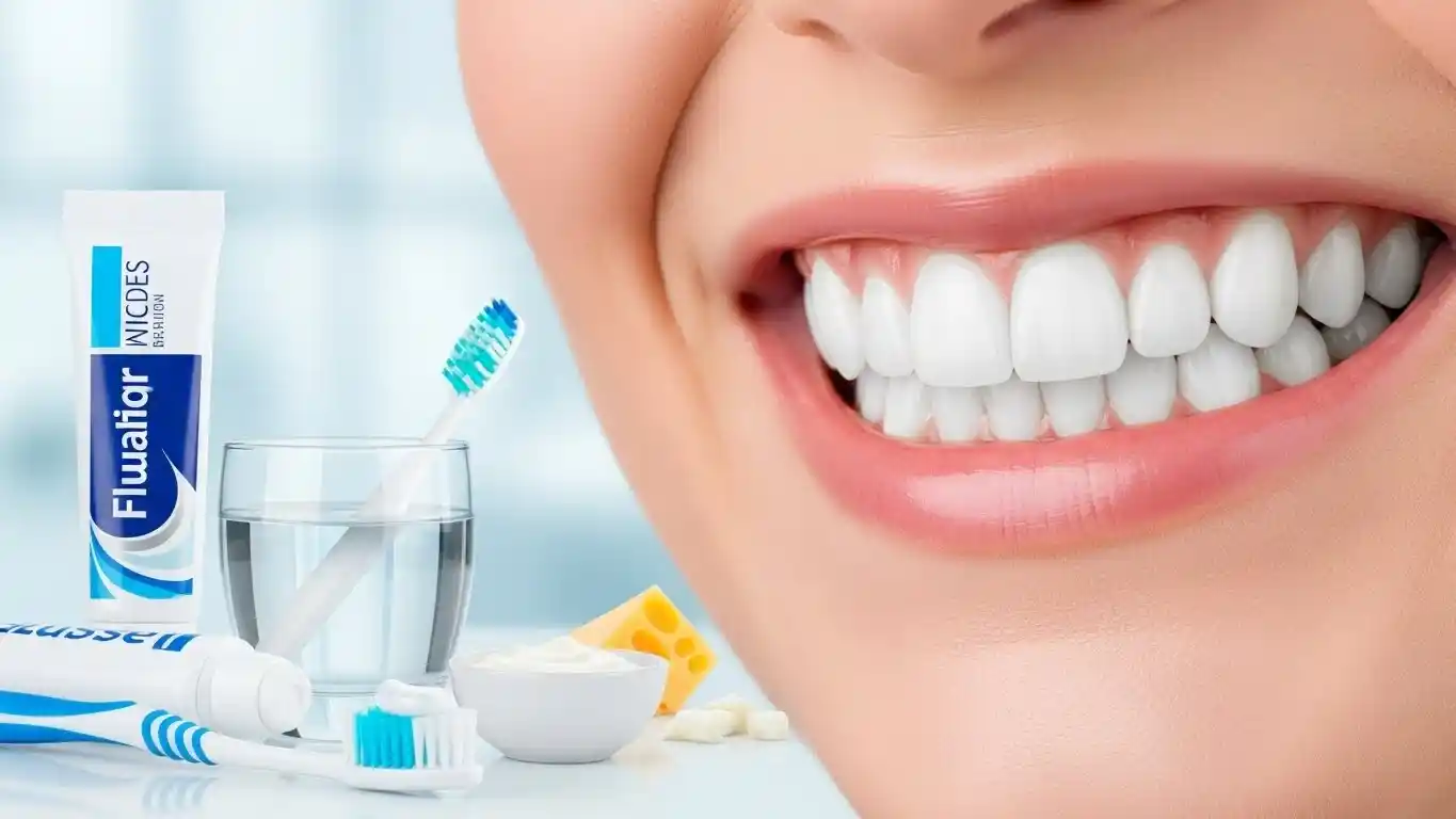 Close-up of healthy strong teeth with toothbrush and fluoride toothpaste.