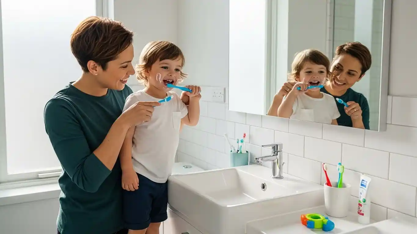 Parent teaching a child how to brush teeth properly at home.
