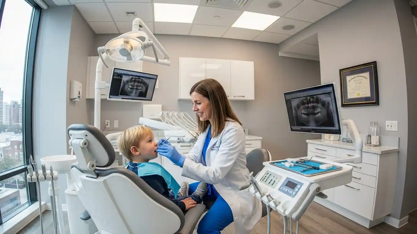 Pediatric dentist examining a toddler in a modern professional dental clinic.