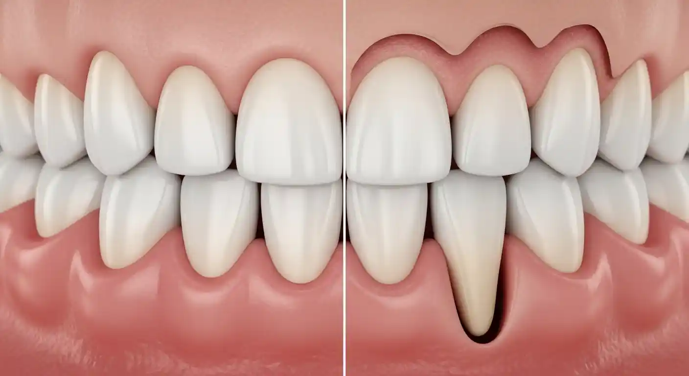 Medical diagram illustrating three stages of gum recession from healthy gums to severe tissue loss with exposed roots