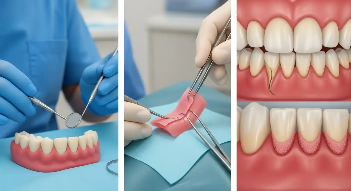 Dentist performing scaling and root planing on teeth and another view of gum graft surgery, showing professional treatment options for receding gums in a clinical setting.