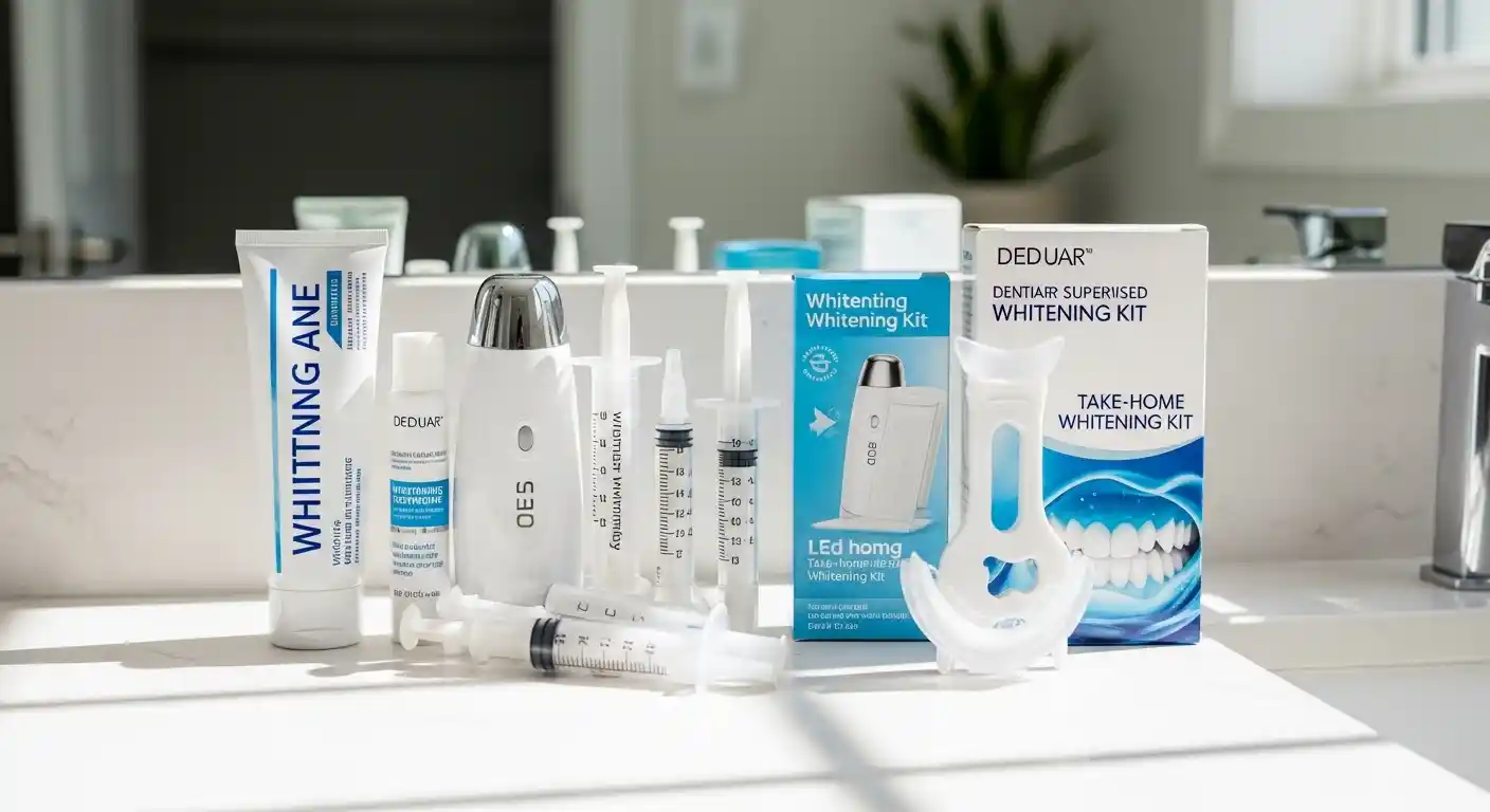 Collection of at-home teeth whitening products including whitening toothpaste, whitening strips, LED kit, and dentist-supervised take-home trays