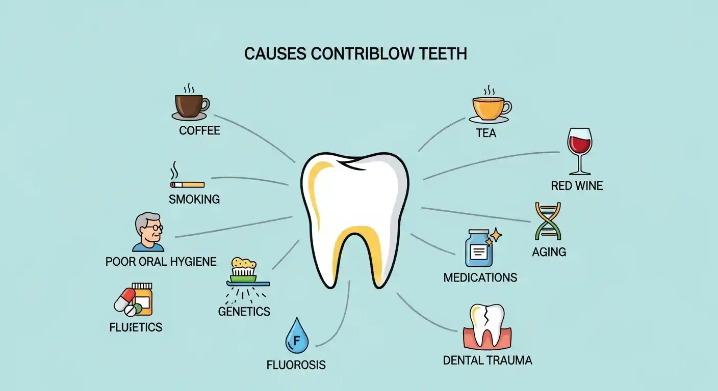 Infographic illustrating causes of yellow teeth including coffee, tea, wine, smoking, poor oral hygiene, aging, genetics, medications, fluorosis, and dental trauma