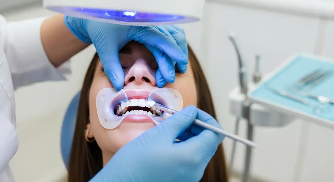 Dentist performing professional in-office teeth whitening on patient, applying peroxide gel in a clean dental clinic setting