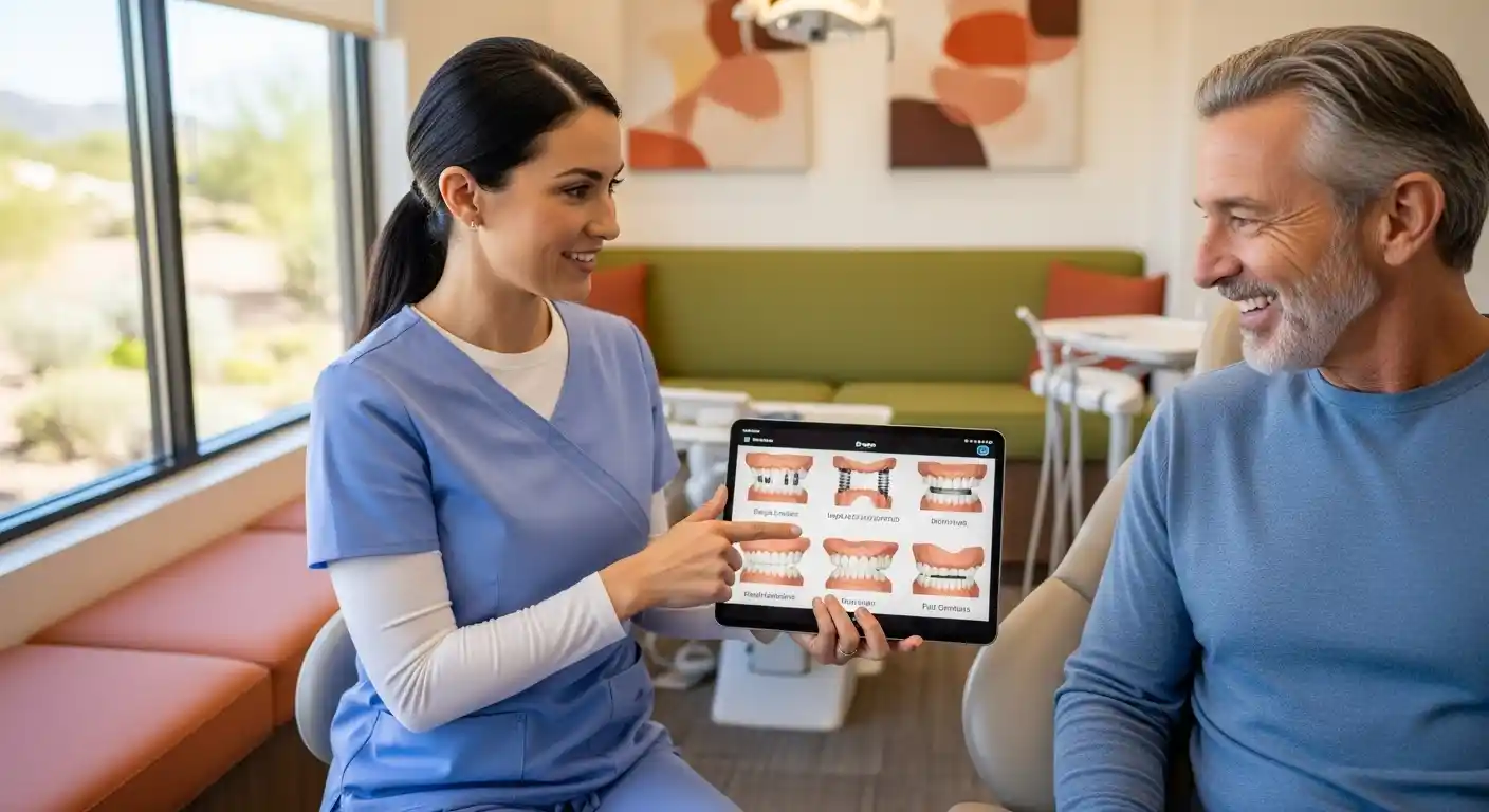 Dentist in Goodyear AZ explaining dental implant and denture options to patient during consultation.