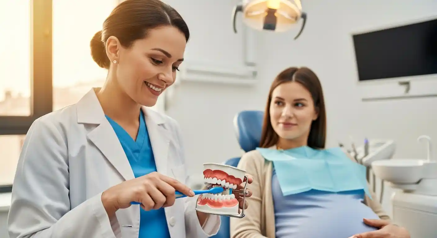 Dentist explaining pregnancy-safe oral hygiene tips to a pregnant patient at Estrella Mountain Dentistry in Goodyear, AZ.