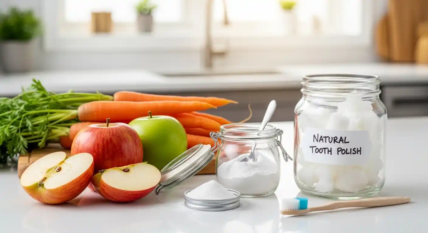 Healthy foods and natural dental care items like carrots, apples, baking soda, and coconut oil for pregnancy-safe teeth whitening.