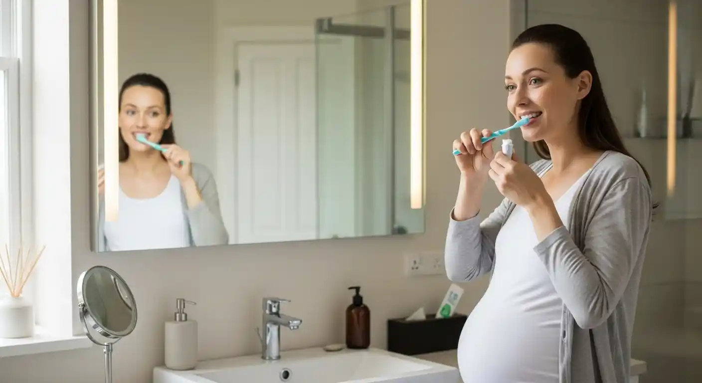 Pregnant woman practicing gentle teeth brushing at home, highlighting safe oral care practices during pregnancy.