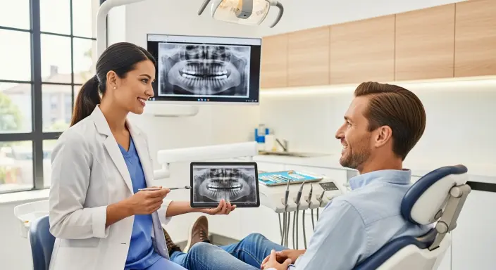 Dentist consulting patient about oral health and teeth cleaning schedule in Queen Creek AZ