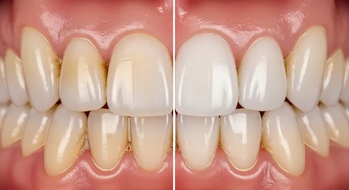 Before and after results of professional teeth cleaning showing plaque removal and brighter teeth