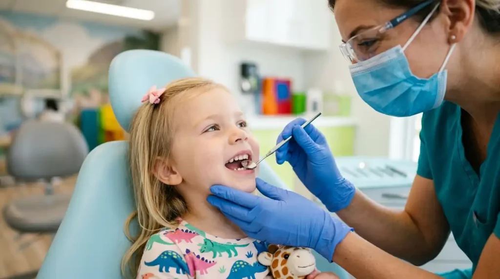 Female pediatric dentist in blue gloves gently examining a young girl's teeth in a colorful child-friendly dental office
