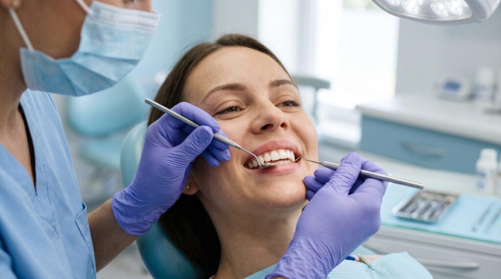 Dentist examining healthy pink gums and teeth during a professional dental check-up