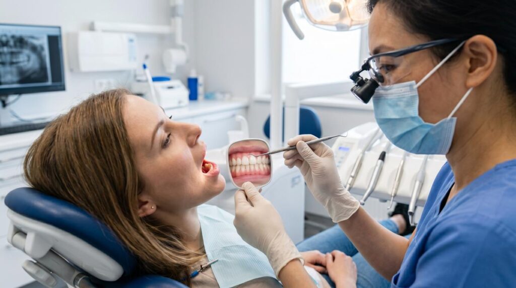Dentist examining a patient with early gum disease in a modern dental clinic