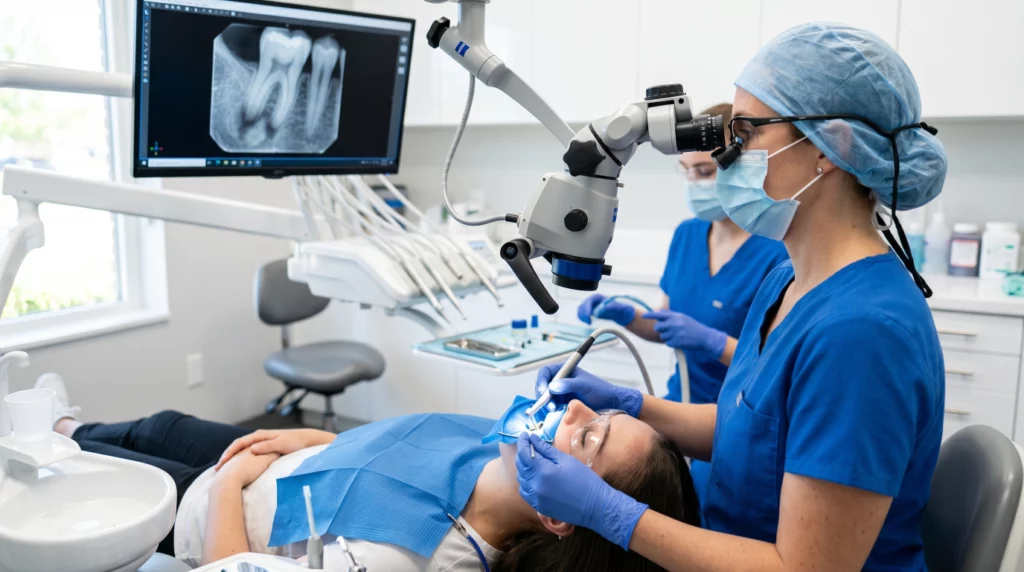 Endodontist performing root canal treatment using a dental microscope to save a natural tooth