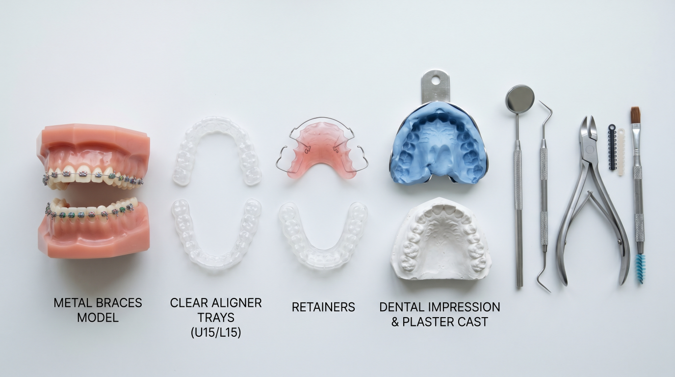 Different orthodontic treatments including braces, clear aligners, and retainers displayed