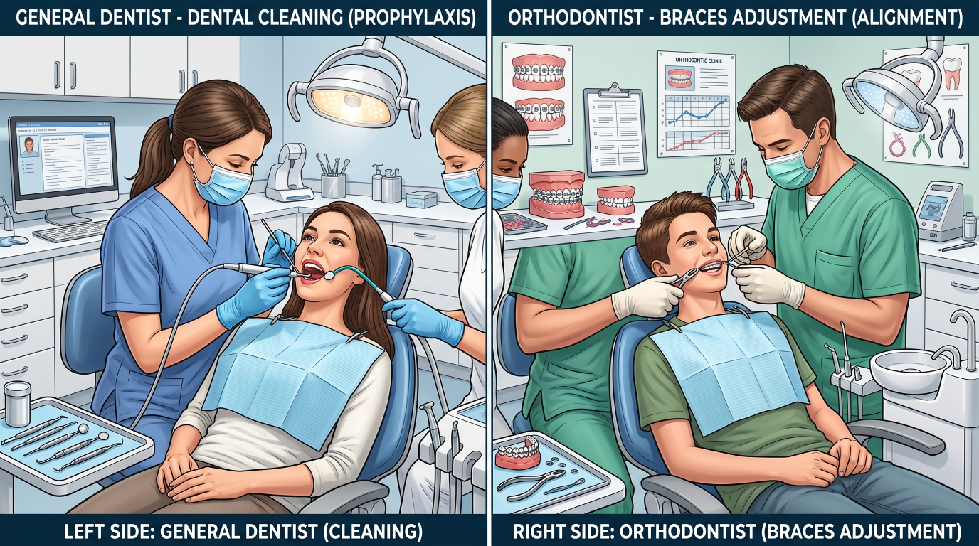Comparison between dentist performing cleaning and orthodontist adjusting braces