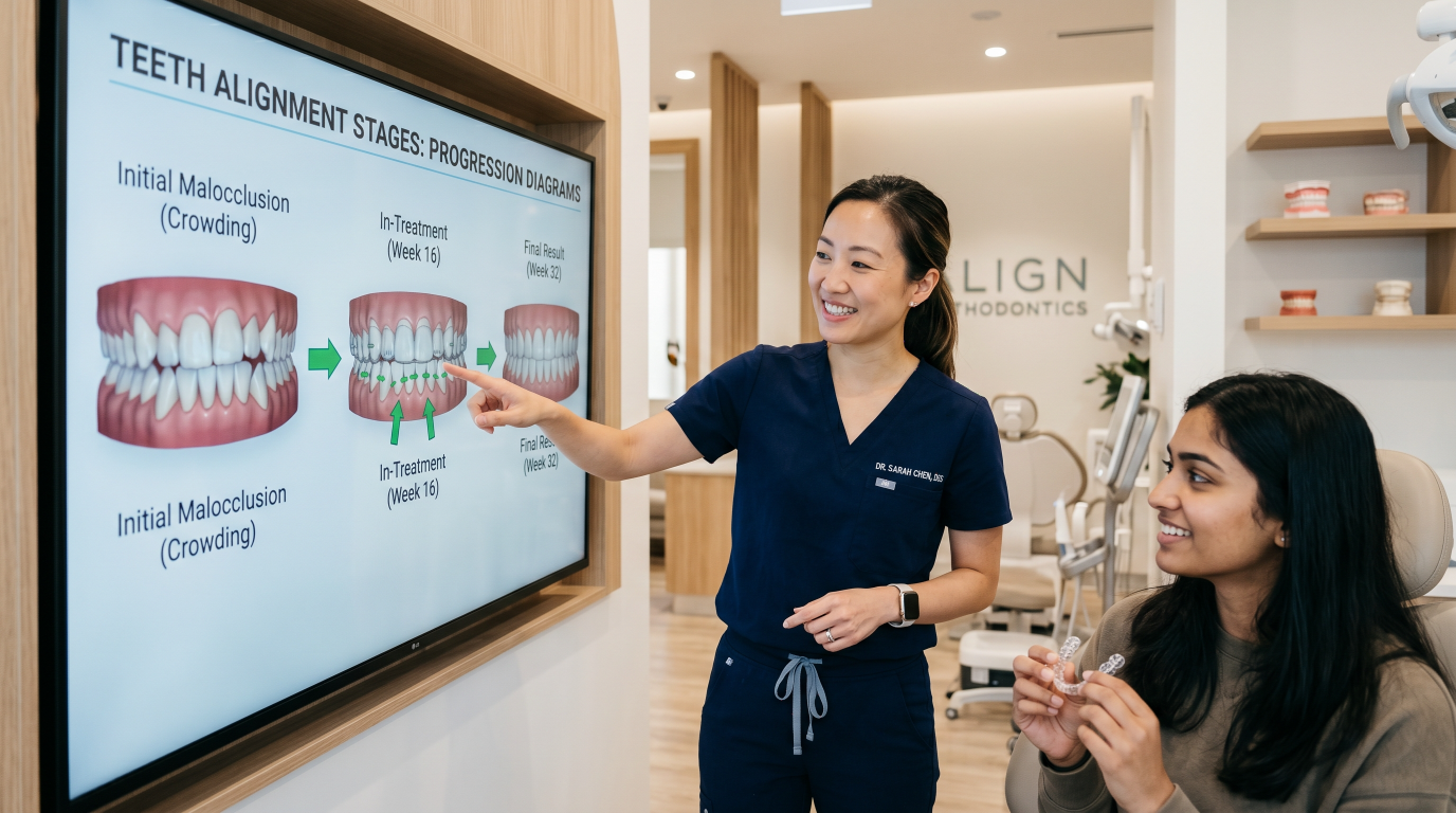 Orthodontist explaining teeth alignment and treatment planning using digital screen