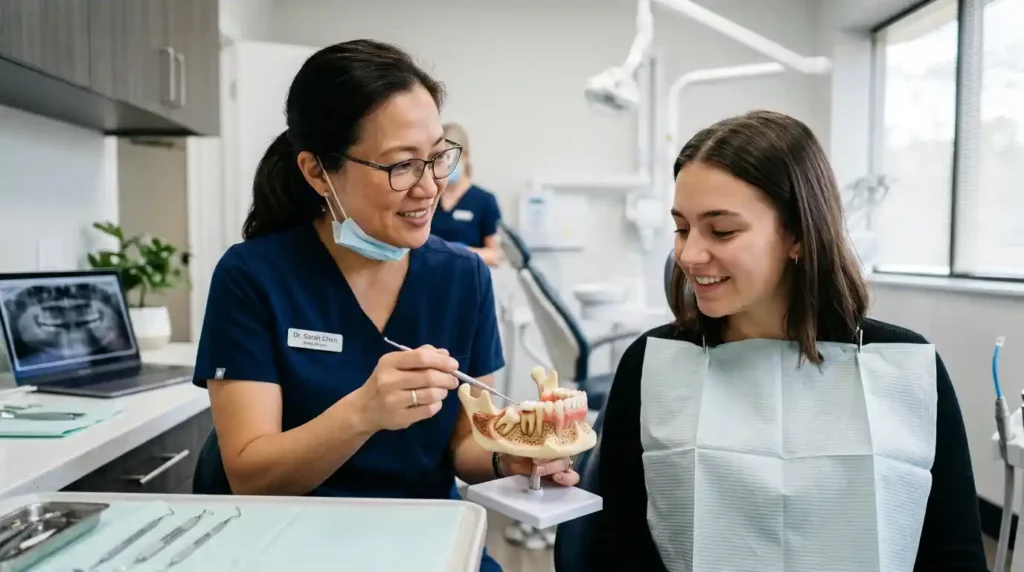 Dentist explaining impacted wisdom teeth using a 3D jaw model in a real dental clinic.