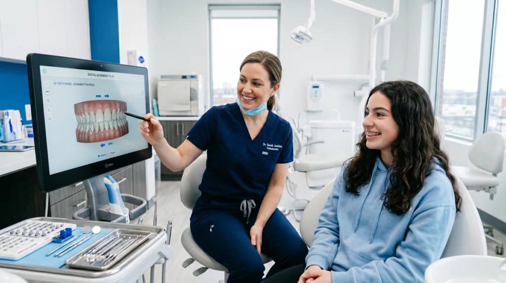 Orthodontist explaining teeth alignment using digital 3D model in a modern dental clinic