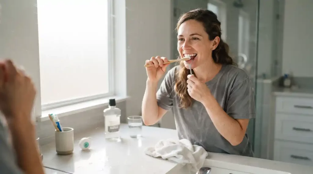 Person following a daily oral hygiene routine to get rid of bad breath permanently