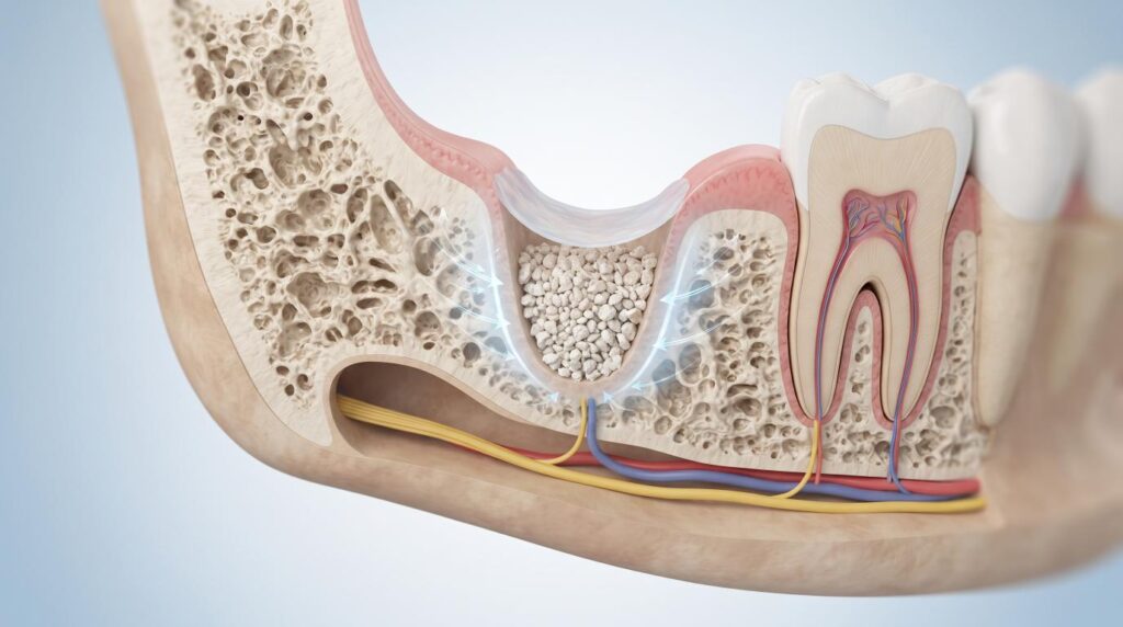 3D illustration of bone graft material placed in jaw to support future dental implant