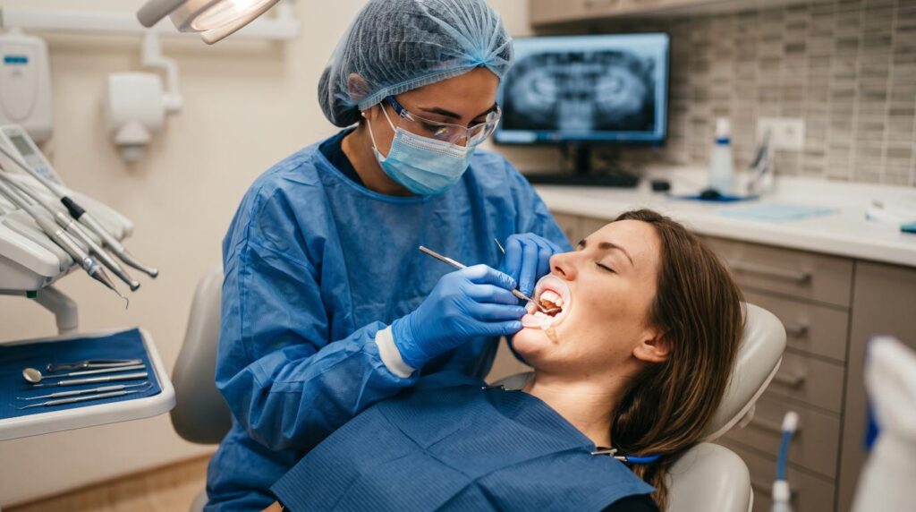 Dentist performing a bone graft procedure before dental implant placement