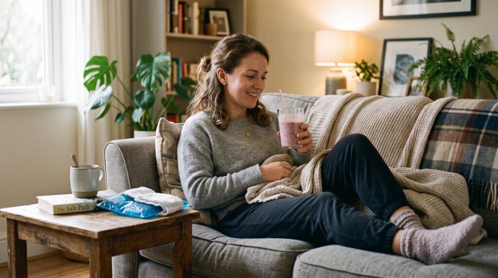 Patient recovering comfortably at home after dental bone graft surgery