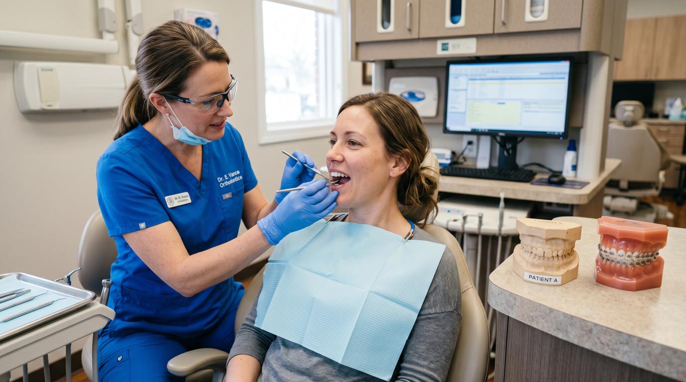 Dentist evaluating crowded teeth and bite problems for orthodontic treatment