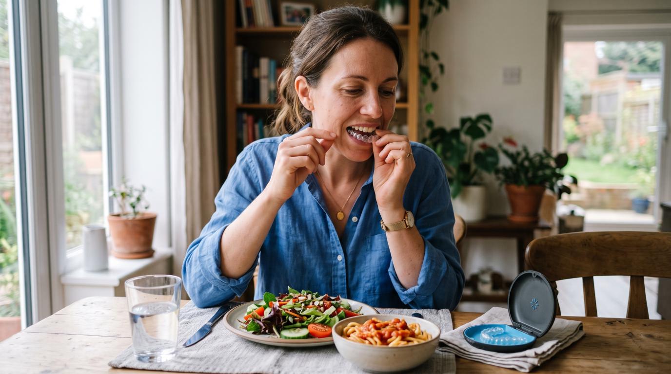 Adult removing a clear aligner before eating