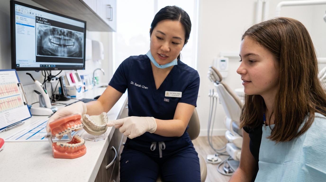 Dentist demonstrating how braces and clear aligners move teeth